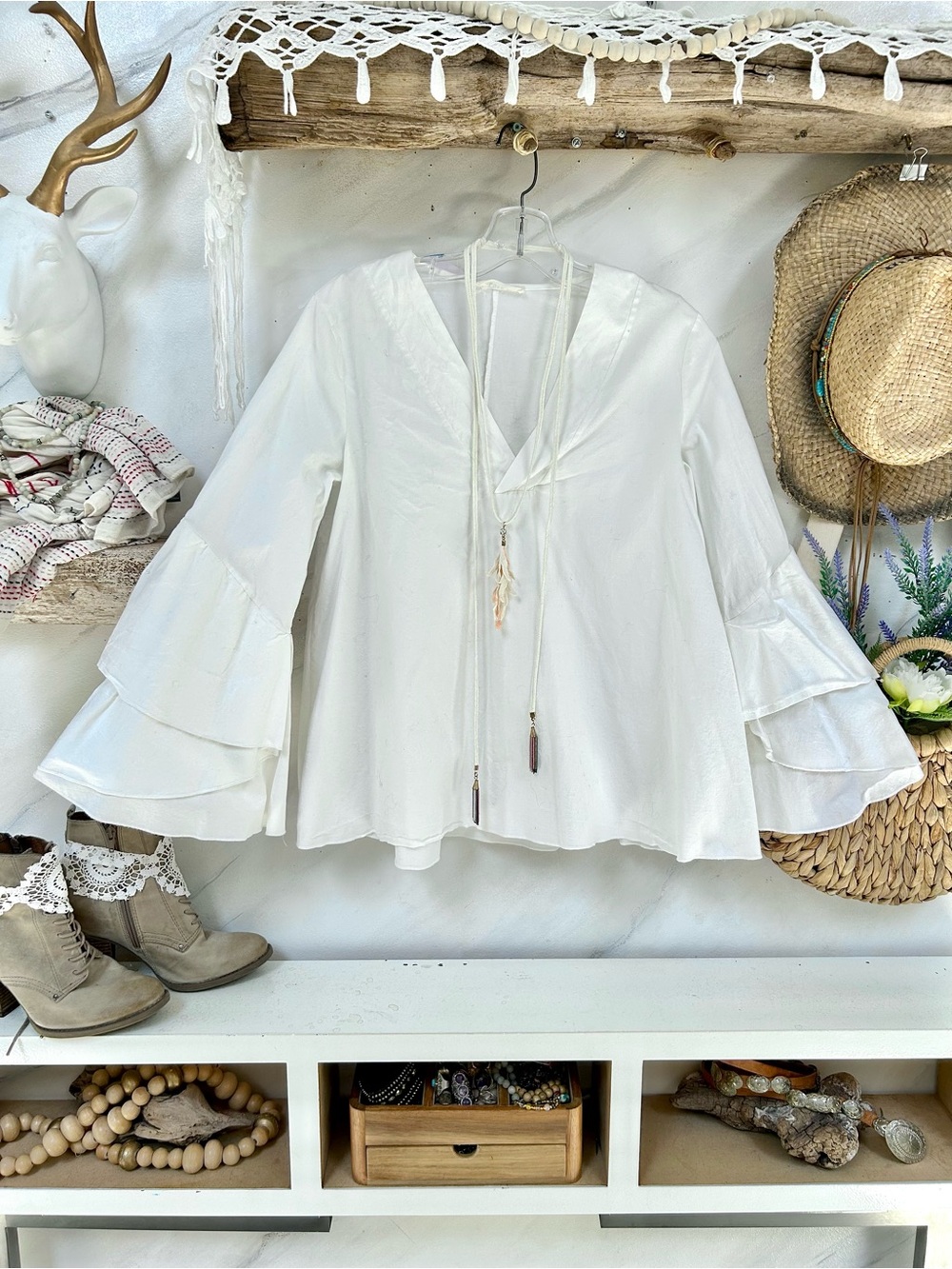 Boho Ruffle Gypsy Bell-Sleeve V-Neck blouse w cottagecore peasant vibe